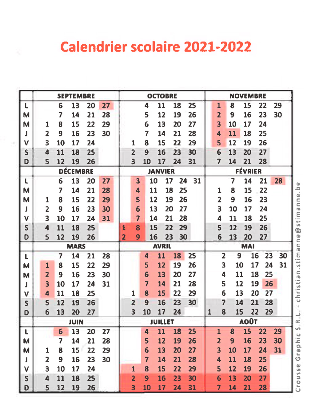 Calendrier 2021 2022
