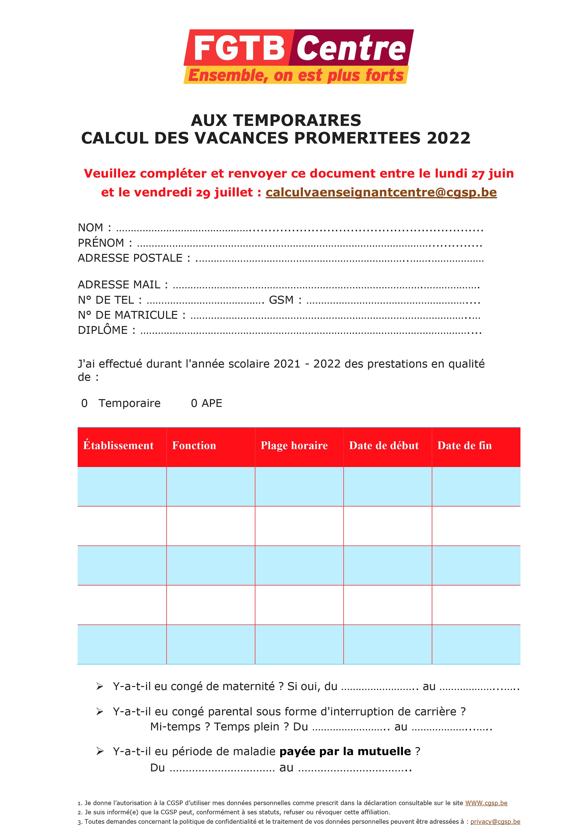 Calcule des VP Enseignants 2022 CGSP Centre