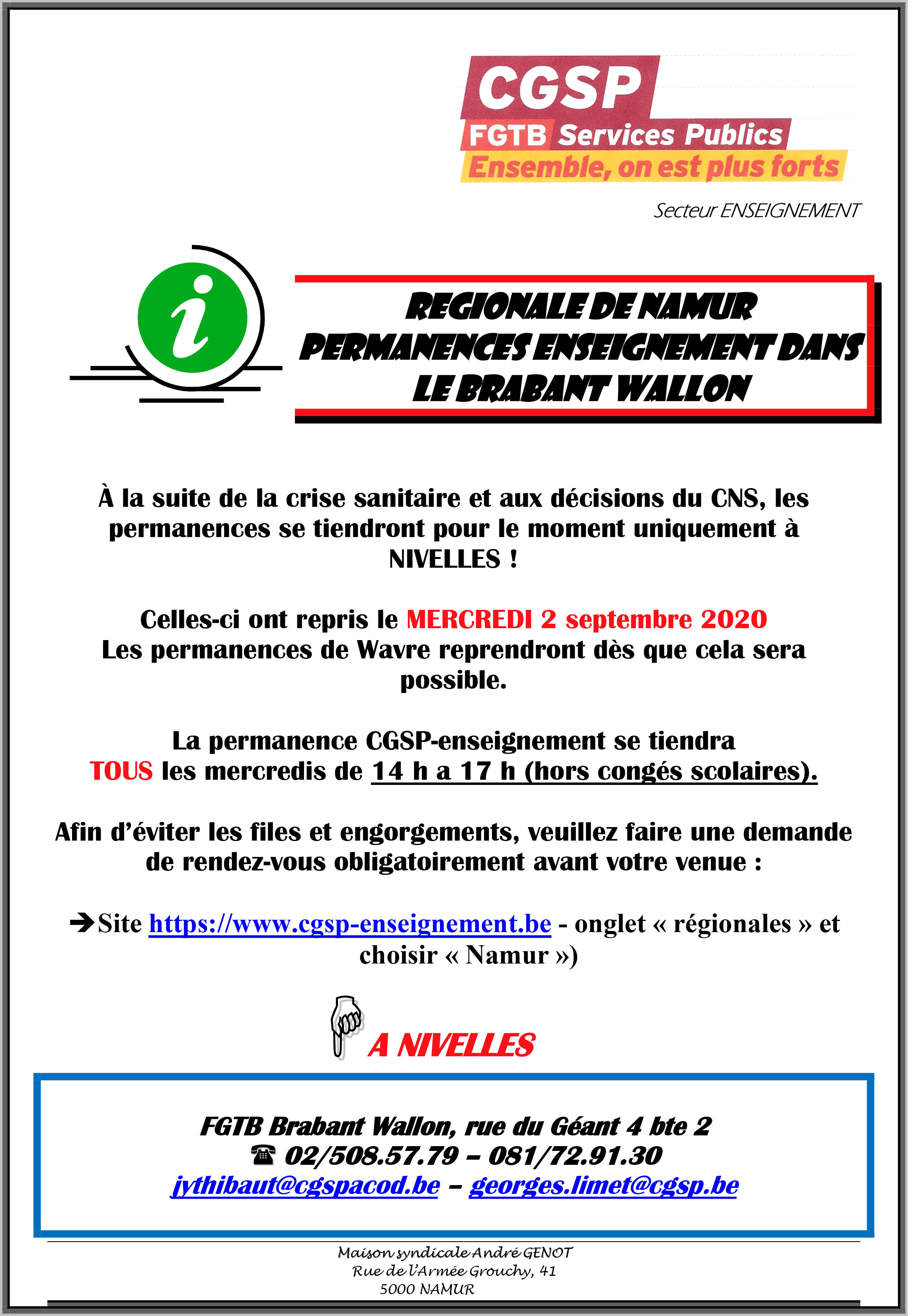 AFFICHE PERMANENCES ENSEIGNEMENT 01 09 2020